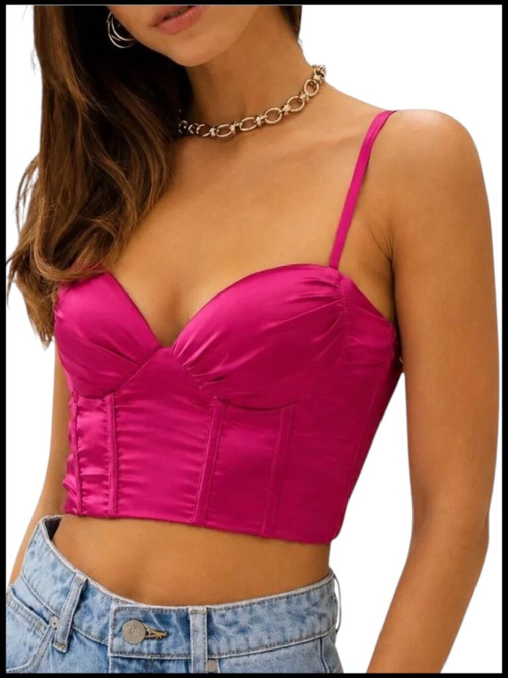 Hello Molly Mia Bustier Crop Top Hot Pink Fuchsia Satin 4 S